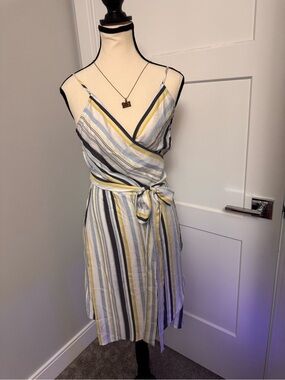 LOFT Striped Wrap Midi Dress in Yellow, Blue & White size 4